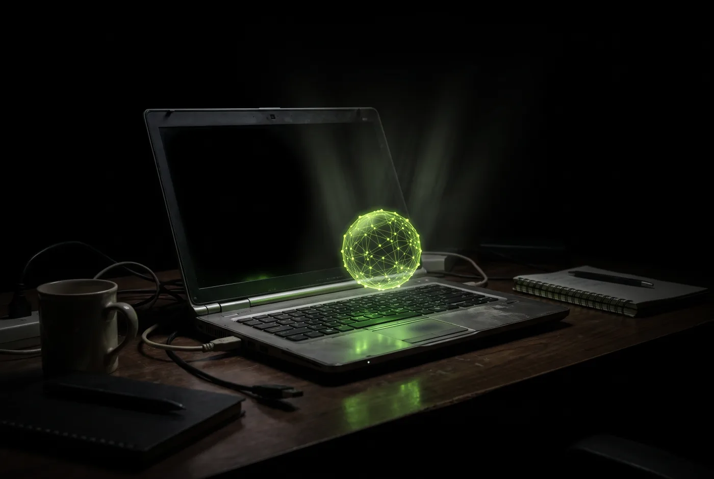 A laptop projecting a holographic sphere of connected points